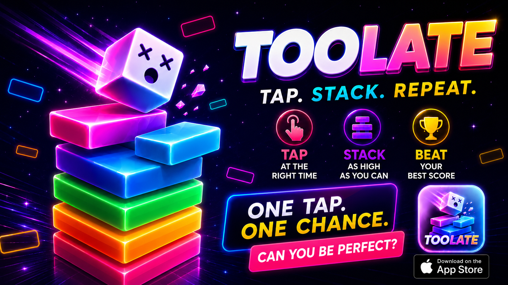 Toolate — Jeu d'empilement arcade sur iPhone, tap, empile, ne sois pas trop tard
